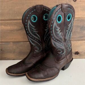 Ariat Brown Leather Western Ankle Boots with Teal Stitching